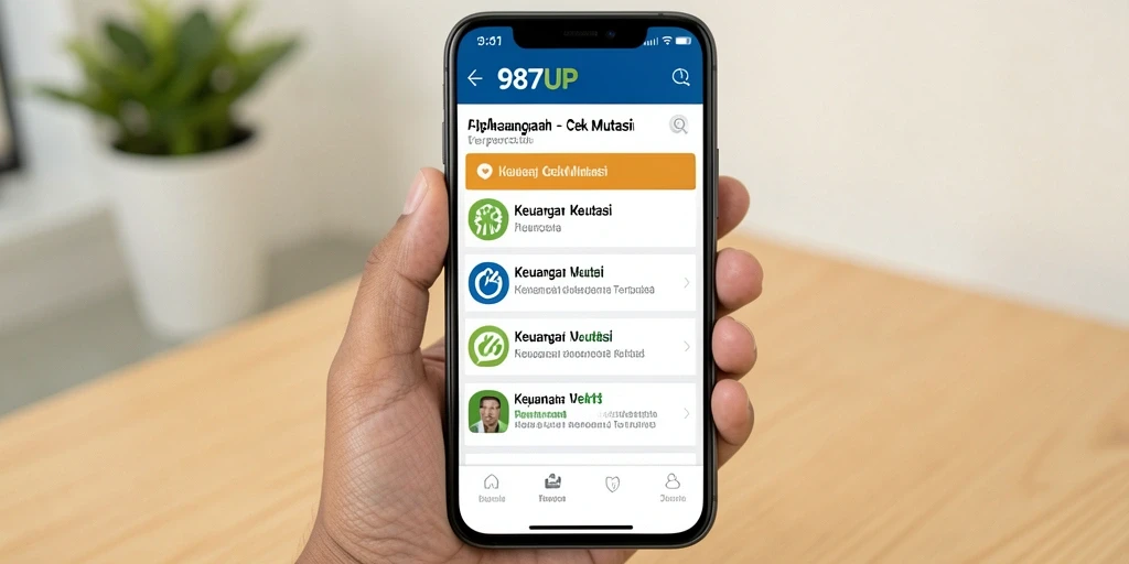 Antarmuka 987UP dengan fitur Cek Mutasi yang informatif.