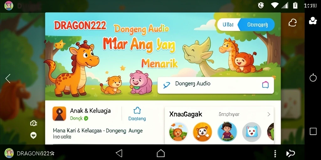 Antarmuka pengguna dari aplikasi Dongeng Audio DRAGON222 yang menarik.
