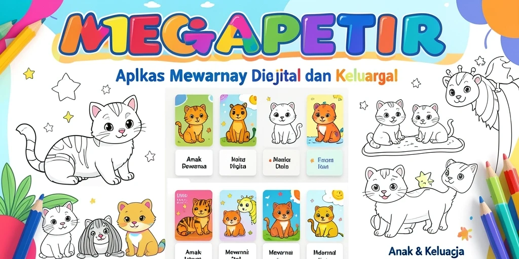 Tampilan antarmuka MEGAPETIR dengan pilihan gambar dan palet warna yang menarik.